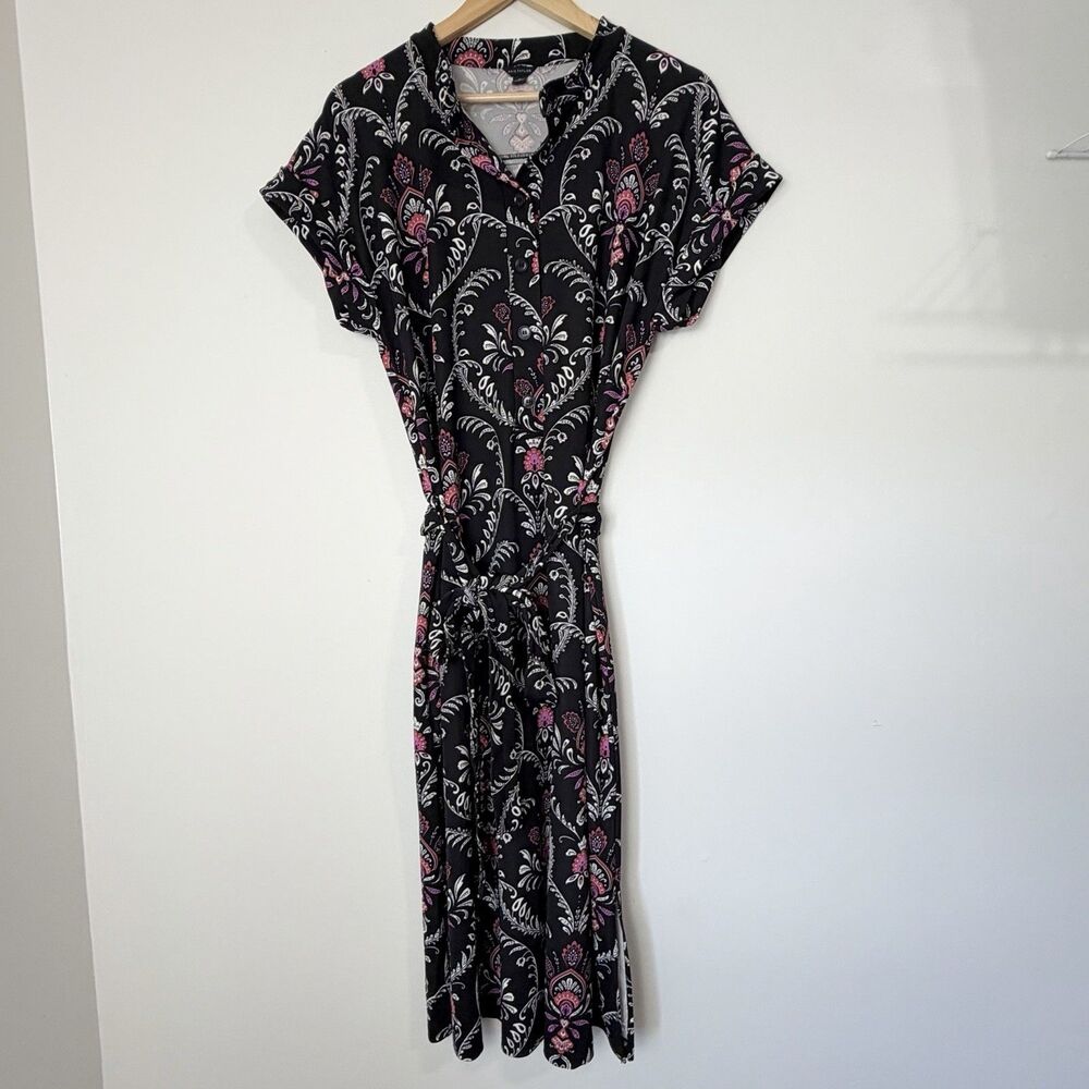 Ann Taylor Floral Knit Belted Shirt Dress Midi Black Pink Paisley Women’s XL - Picture 2 of 13